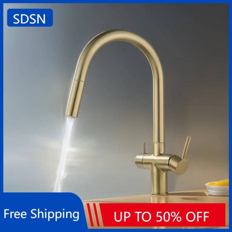 Brushed Gold Pull Out Filter Faucet Sink Mixer