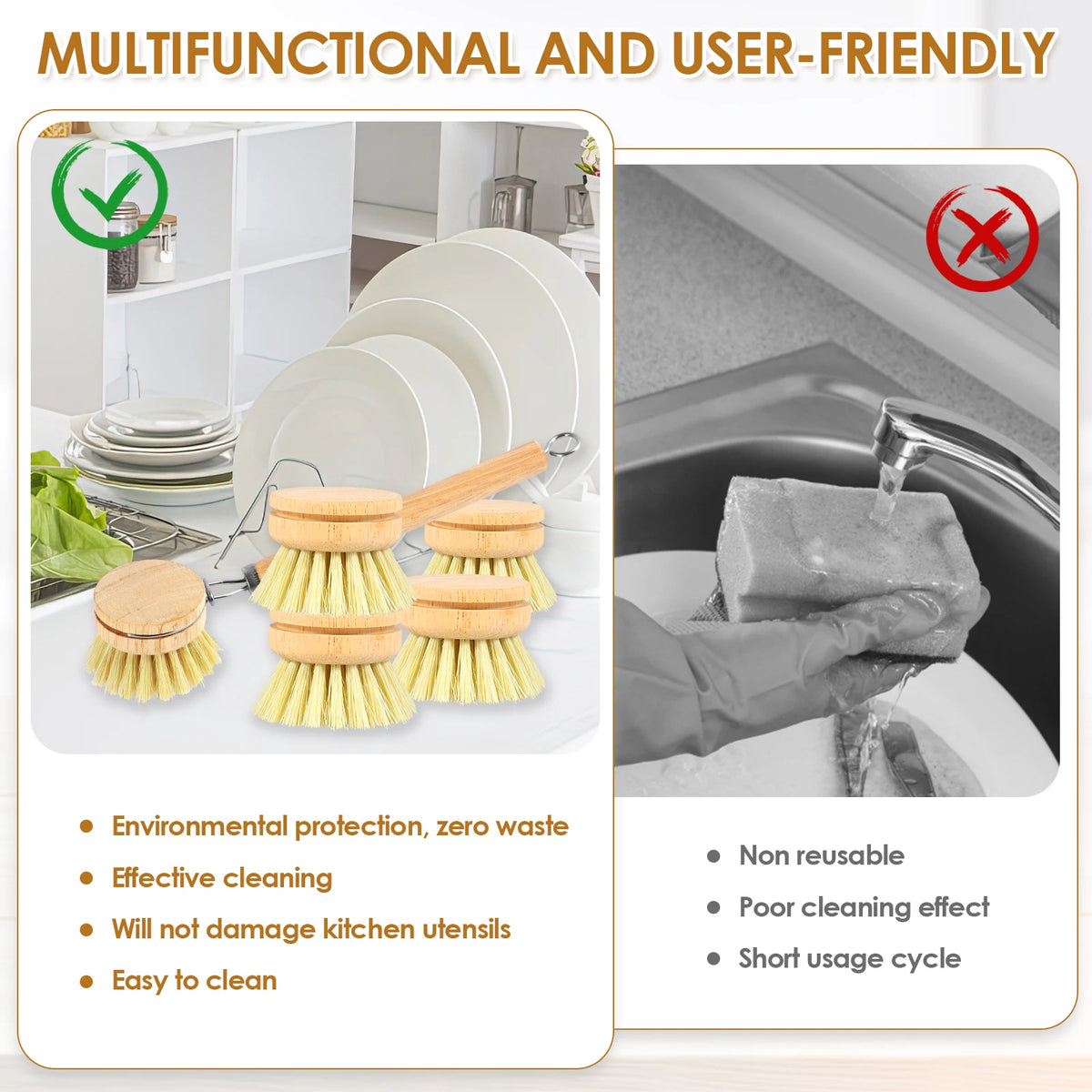 3/4/5/10pcs Bamboo Dish Scrub Brushes Replaceable Dish Brush