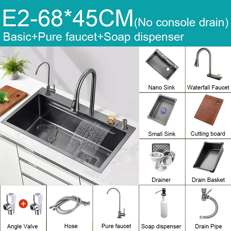 Black Nano Sink Waterfall Faucet Large Bowl Cup