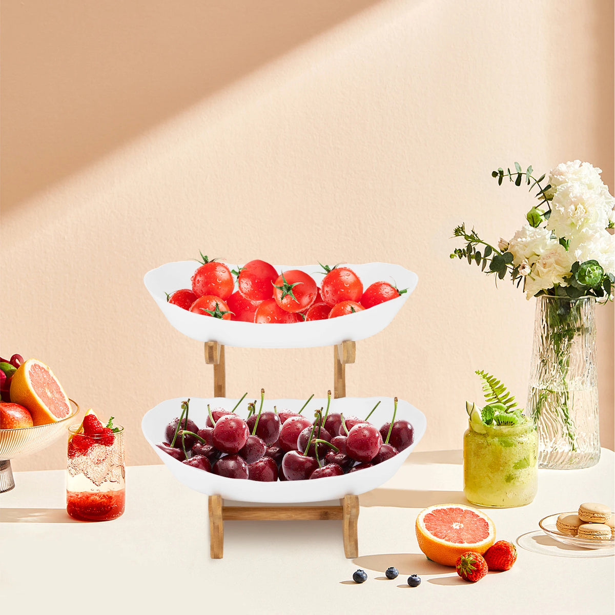 2-Tier Fruit Bowl Bamboo Fruit Basket Stand Food-Grade