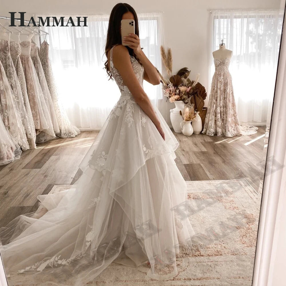 Modest Brush Train Wedding Dresses Brides Gown Tiered