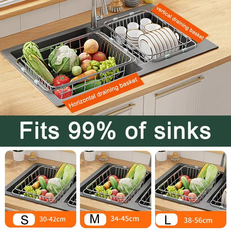 Adjustable Drain Baskte Stainless Steel Sink Tableware Rack
