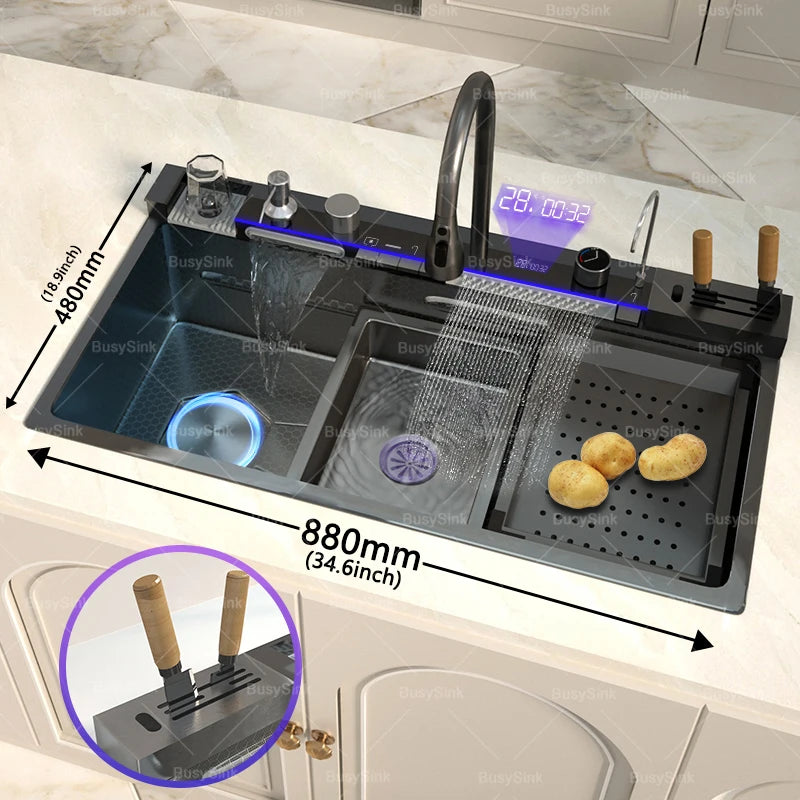 Stainless Steel Waterfall Sink Extra Large Bowl Digital