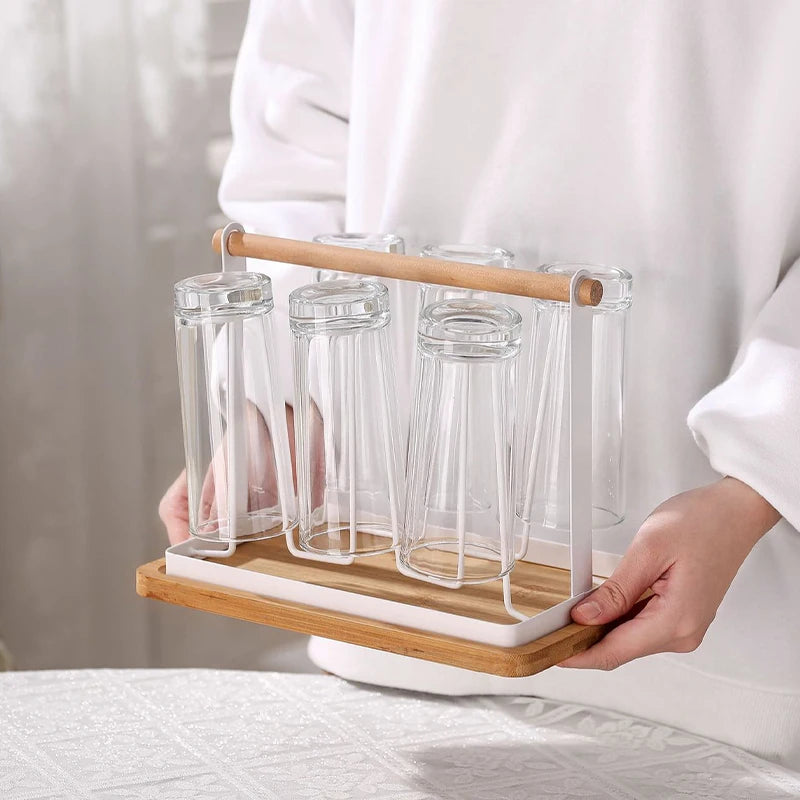 6-Cup Glass Cup Drying Rack Wooden Handle Countertop