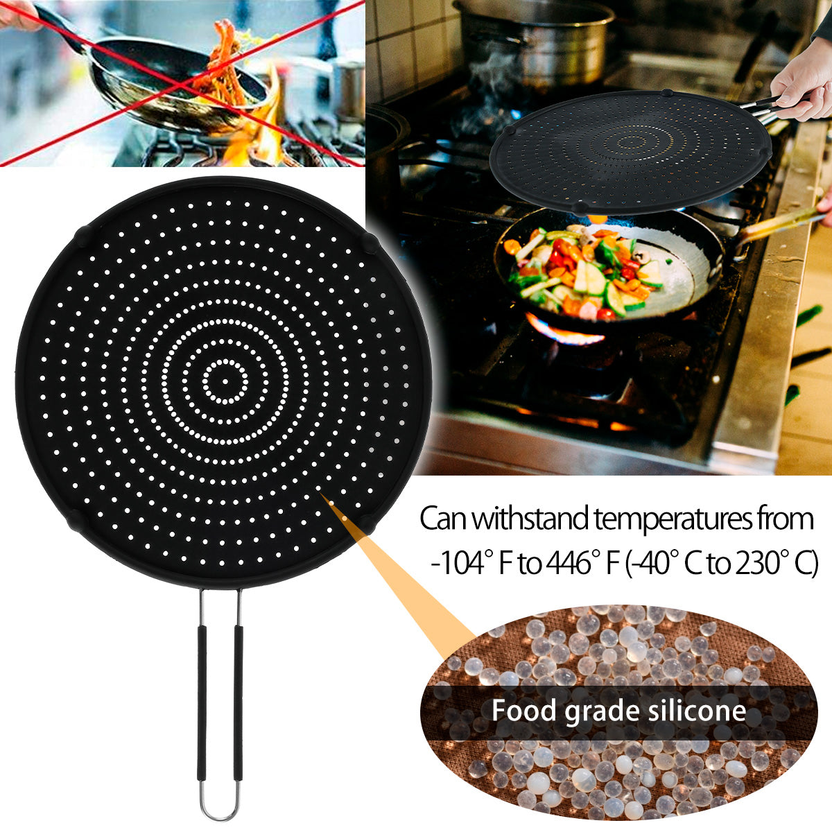 Silicone Splatter Screen Foldable Handle Heat-Resisting Oil