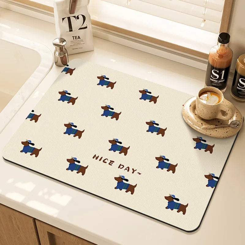 Cartoon Pug Pattern Printed Drying Mat Counter Heat-Resistant