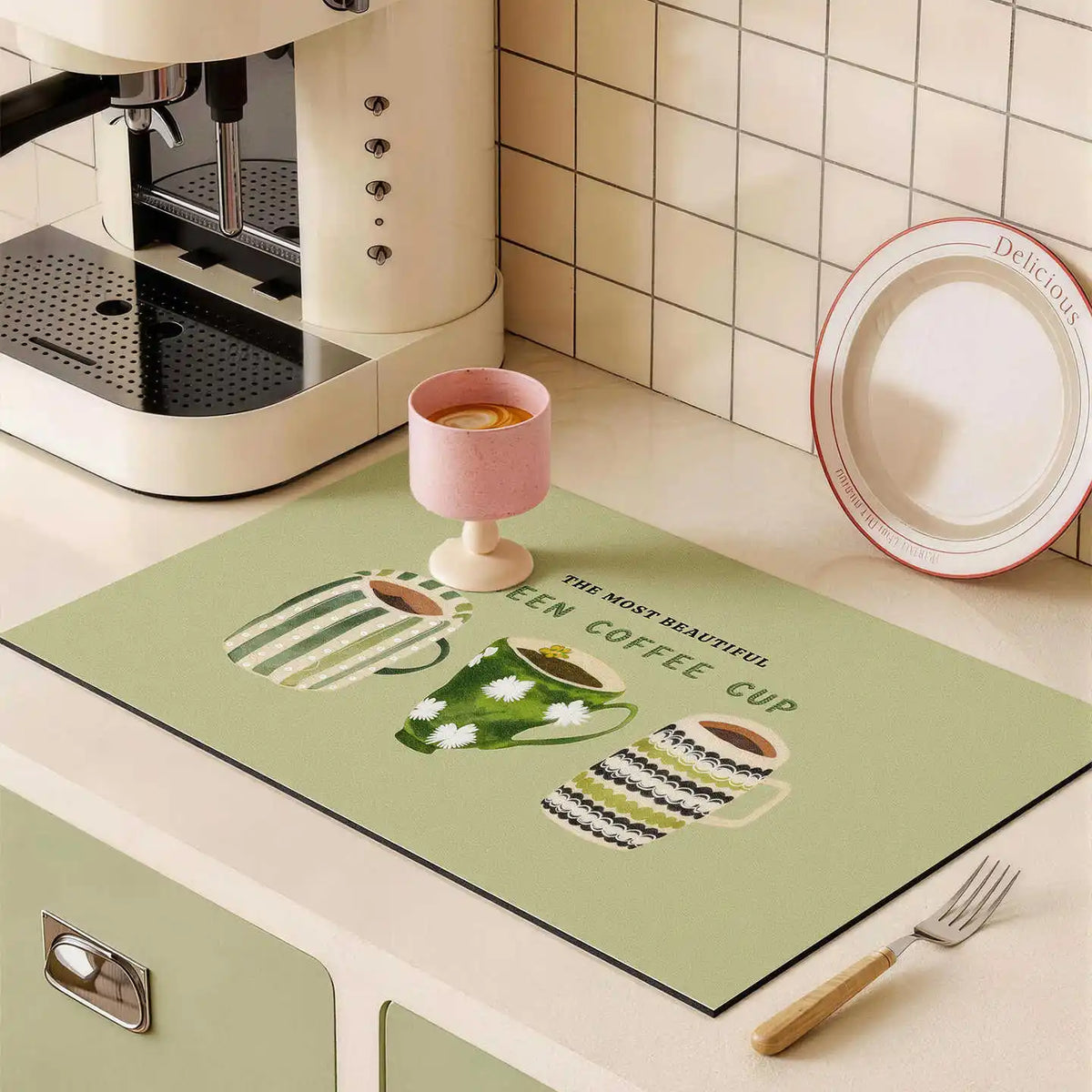 Vikama Green Hand Drawn Coffee Cup Drying Mat