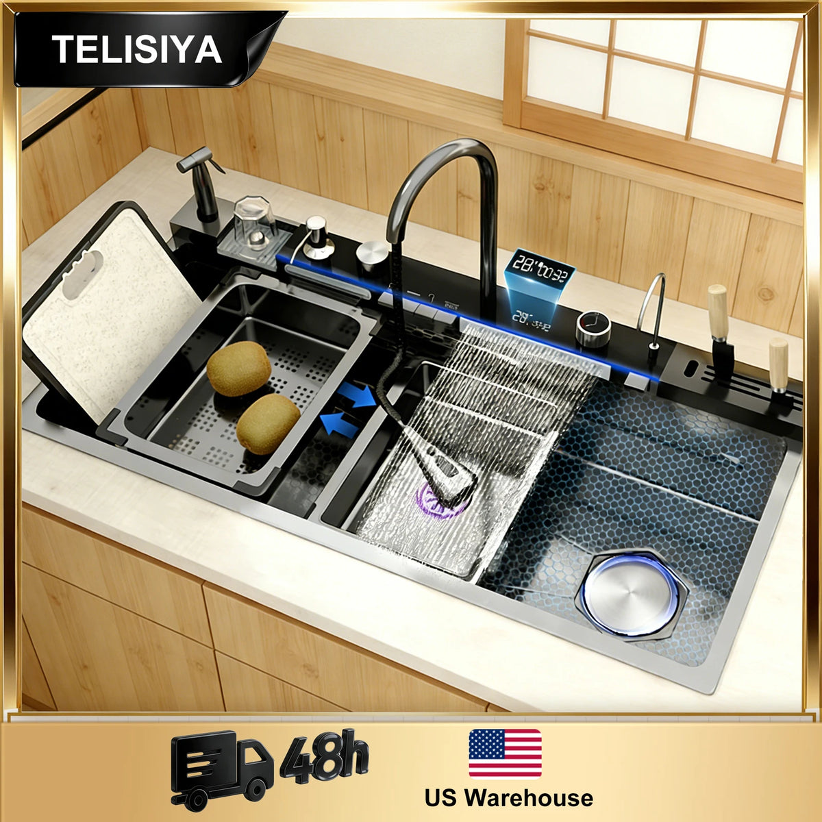 Stainless Steel Sink Digital Display Waterfall Large Slot