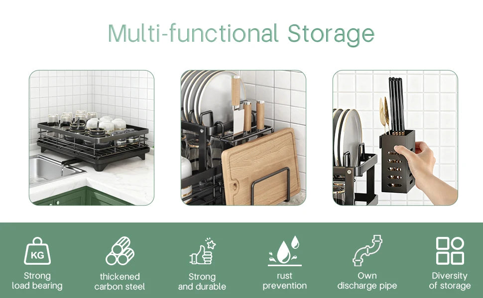 2-Layer Dish Drain Rack Is Suitable Countertop Metal