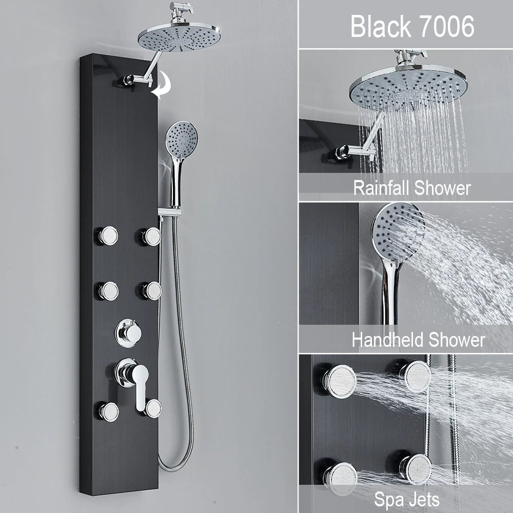 Black Shower Panel Storage Rack Rainfall Shower Faucet