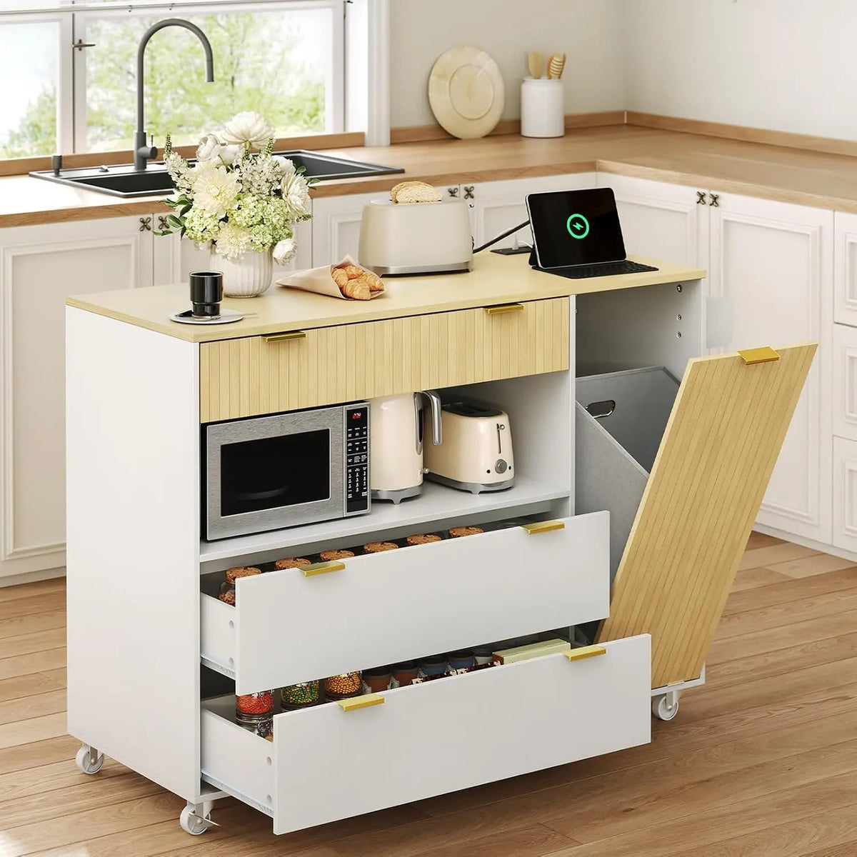 Island Storage Power Outlet Trash Bin & Drawers