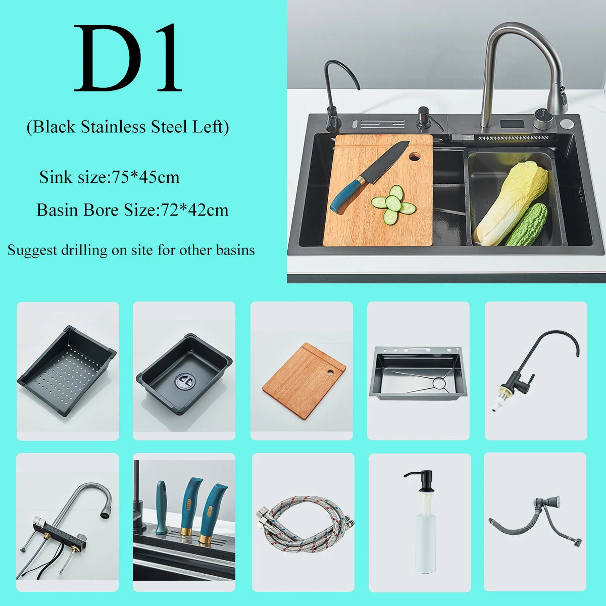Stainless Steel Waterfall Sink Digital Display Large Sink