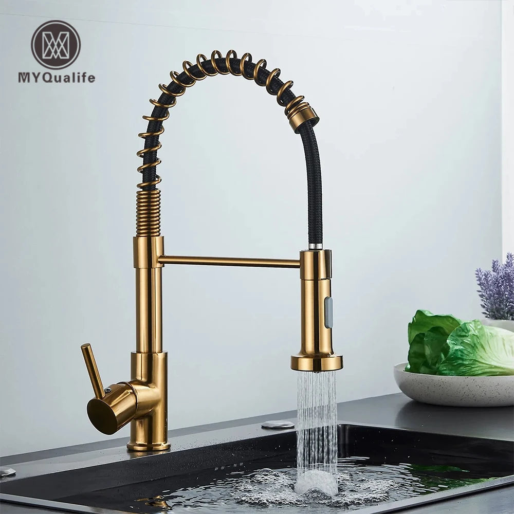 Brushed Gold Sink Faucet One Handle Spring Cold