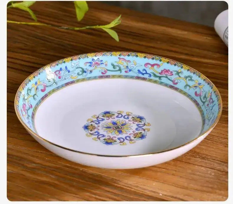 Gold Border Enamel Deep Plate Chinese Bone China