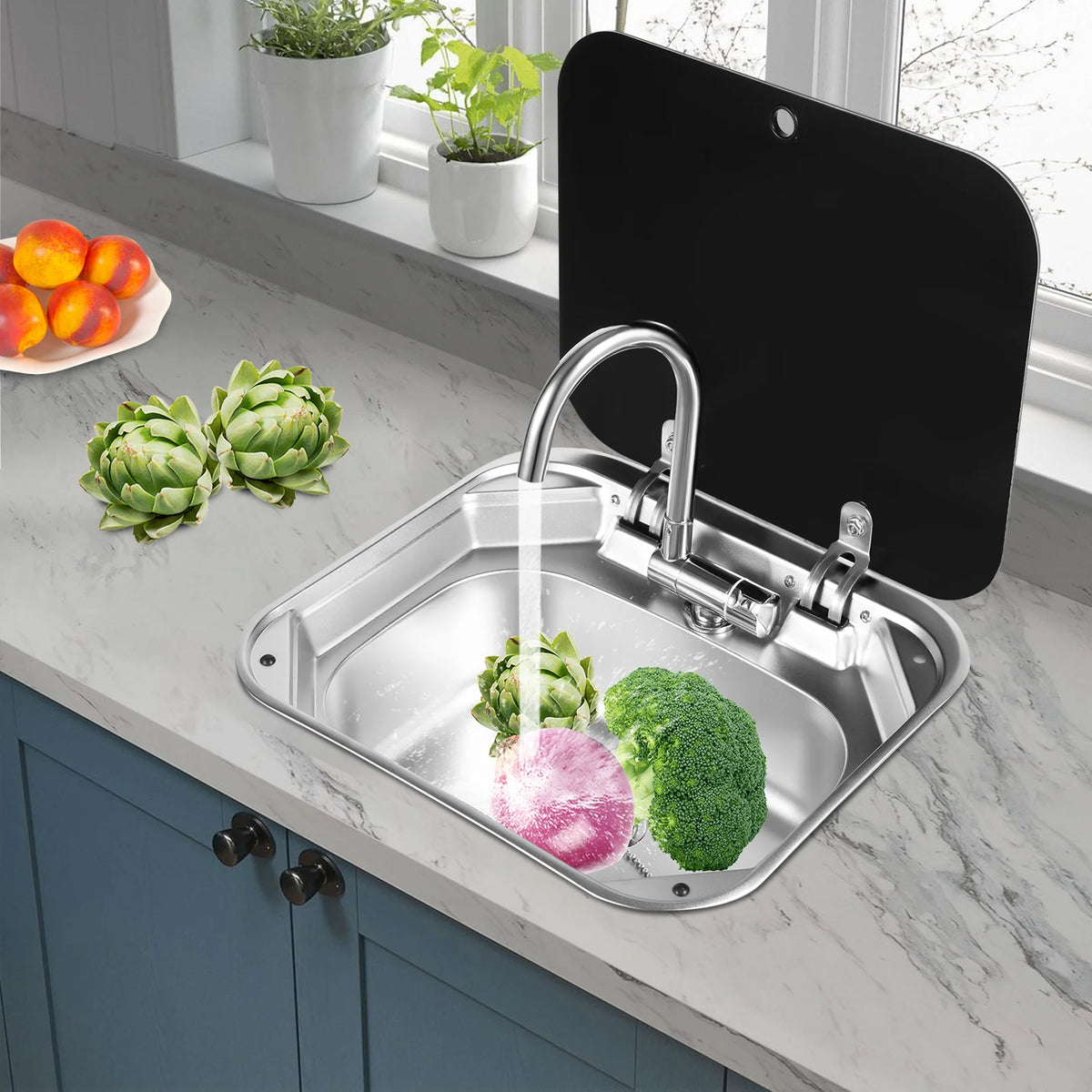 Rv Sink Foldable Tempered Glass Cover&Faucet Stainless Steel