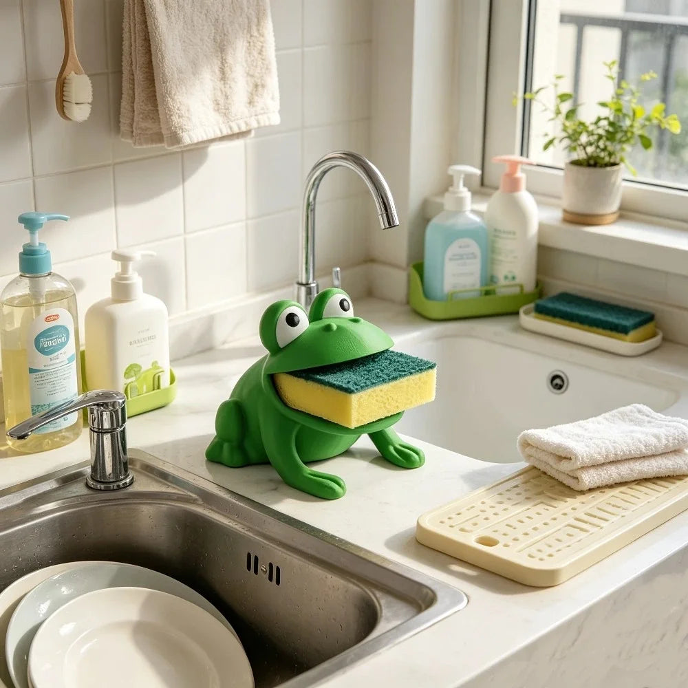 Frog-Shaped Sponge Dishwashing Brush Holder Drainage System