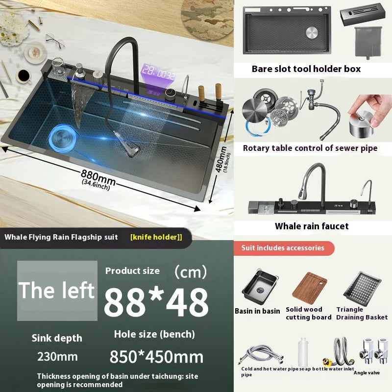 Stainless Steel Sink Digital Display Waterfall Large Slot