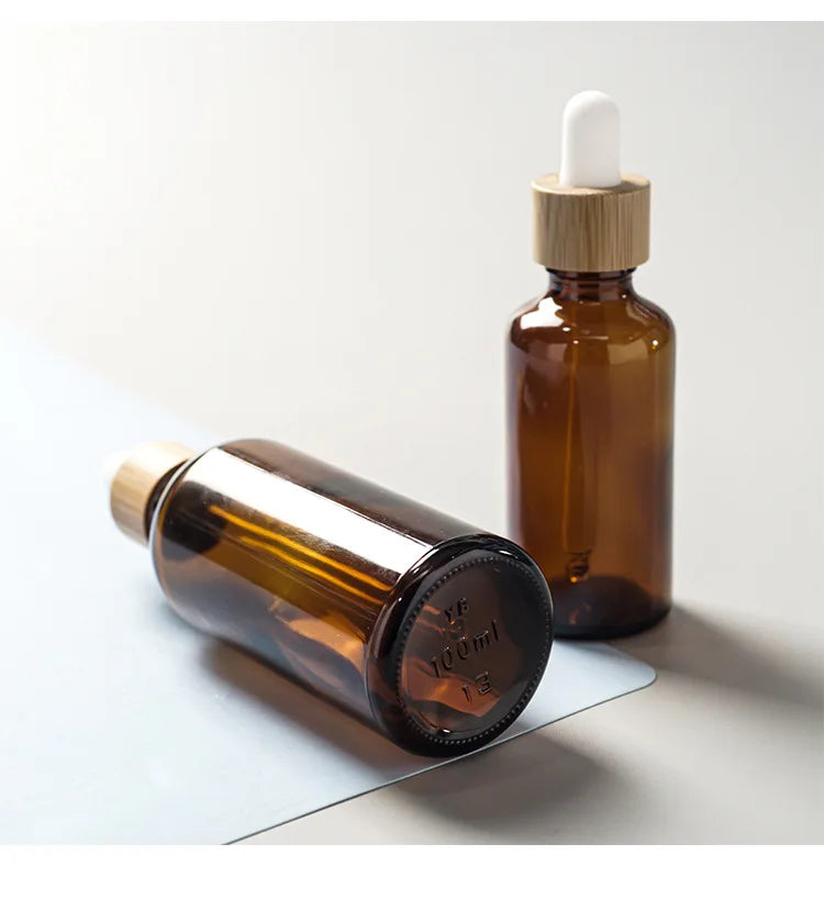 5ml-100ml Dropper Bottle Bamboo Wood Lid Brown Glass