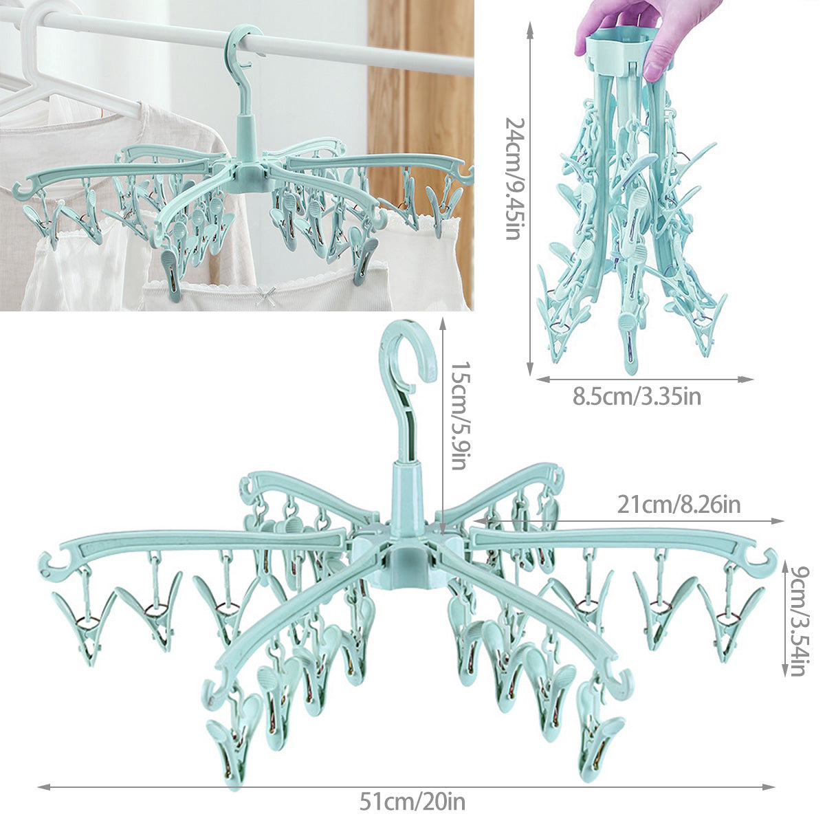 24-Clips Windproof Drying Rack Rotatable Foldable Hanger Sock