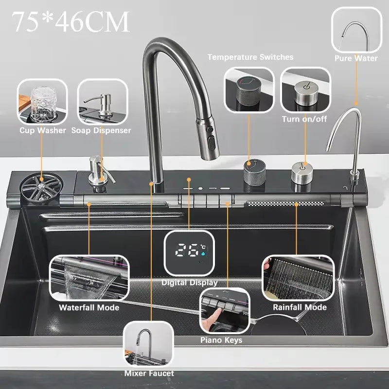 Shinesia 201stainless Steel Sink Double Waterfall Slot Digital