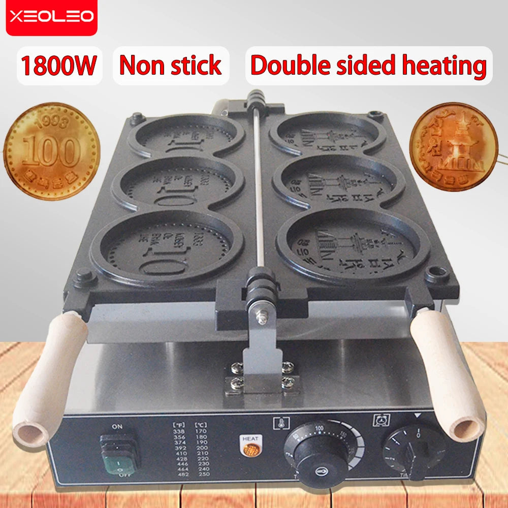 Xeoleo Commerical 3pcs Coin Waffle Maker Korean Gold