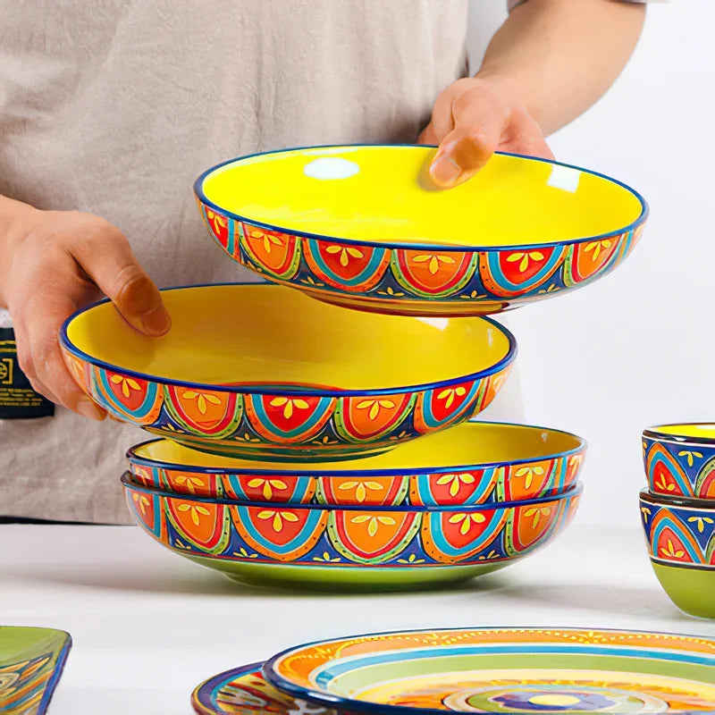 1pcs Ceramic Tableware Bohemian Flat Dinner Plate Western