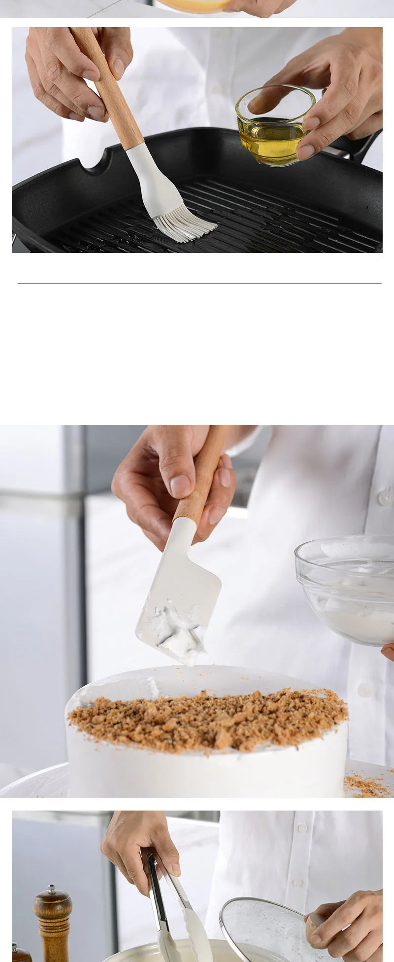 White Silicone Wooden Handle Soup Spoon Spatula Brush