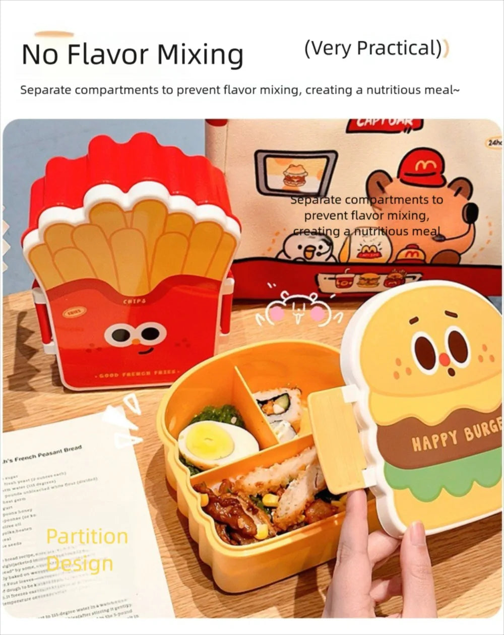 Creative Cartoon Bento Box Hamburger French Fries Divided