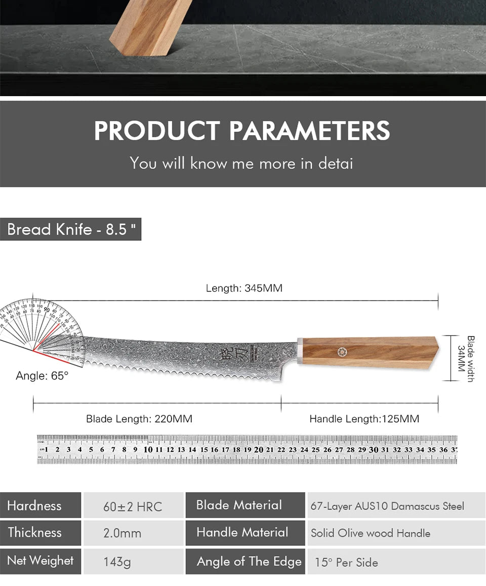 Bread Knife Hand Forged Damascus Steel Japanese Chef