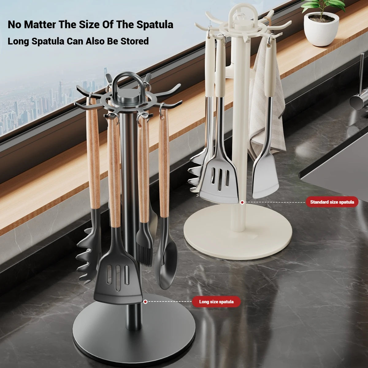 Utensil Stand Rotating Storage Hanger Hooks Countertop