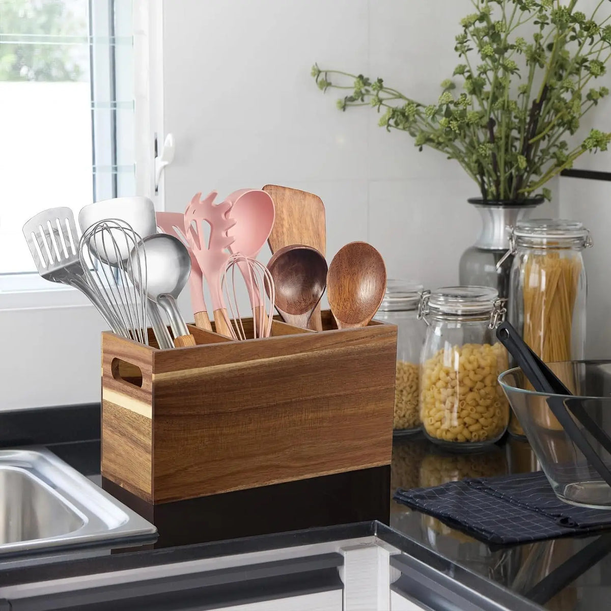 Wooden Utensil Storage Organizer Countertop Adjustable