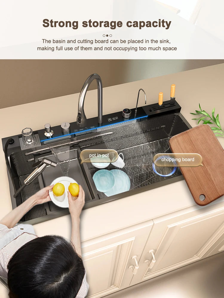 Stainless Steel Waterfall Sink Digital Display Large Slot