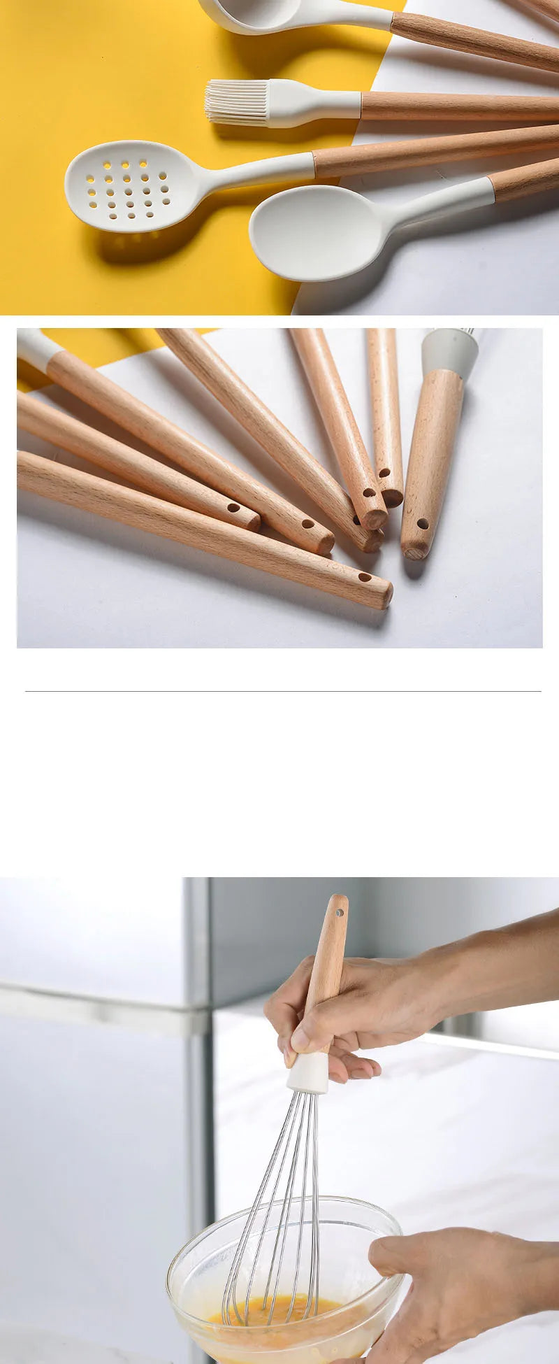 White Silicone Wooden Handle Soup Spoon Spatula Brush