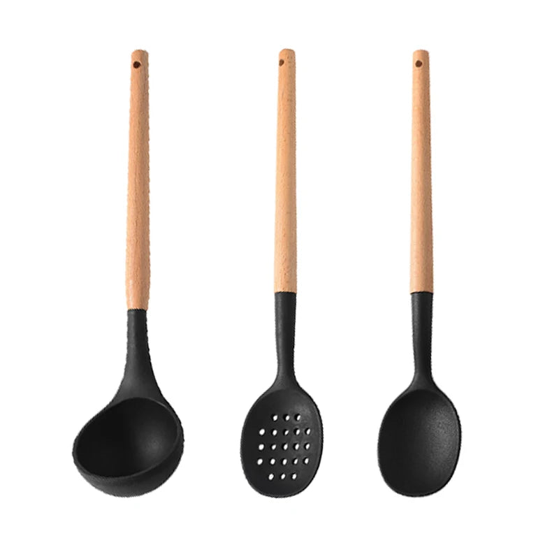 White Silicone Wooden Handle Soup Spoon Spatula Brush