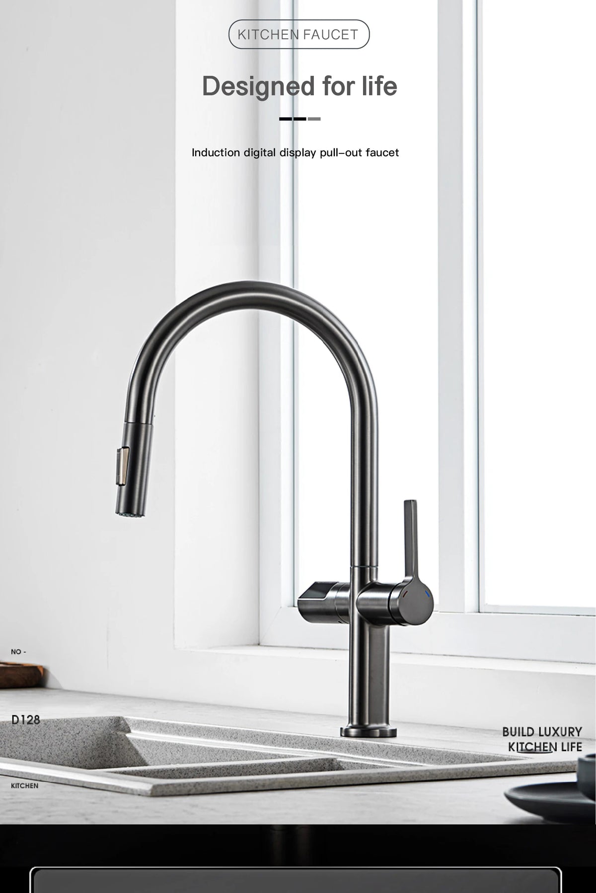 Light Luxury Gun Gray Brass Faucet Digital Display