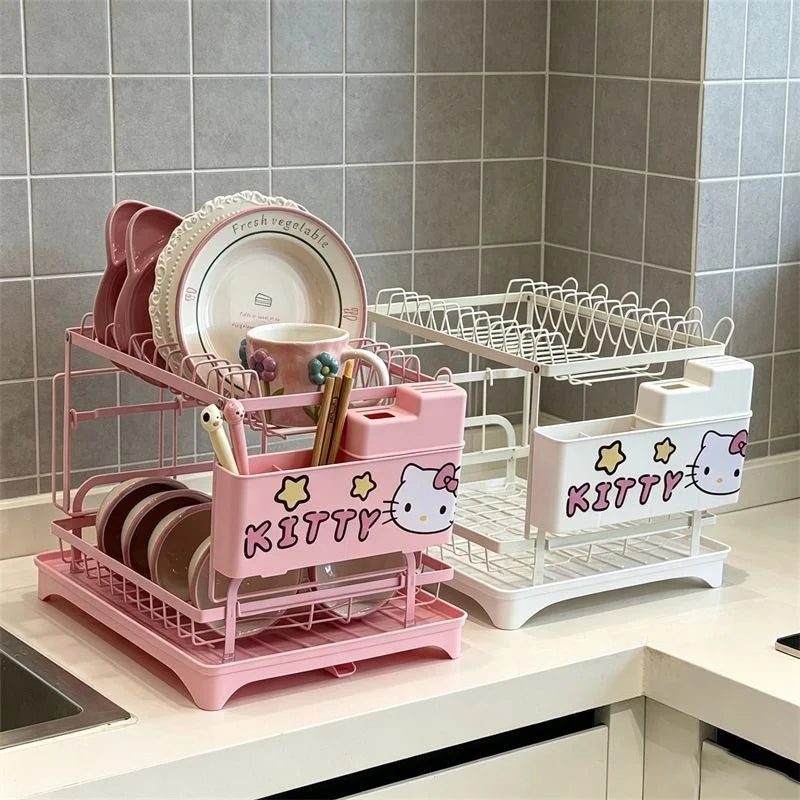 Cute Hello Kitty 2-Tier Dish Drying Rack Drain
