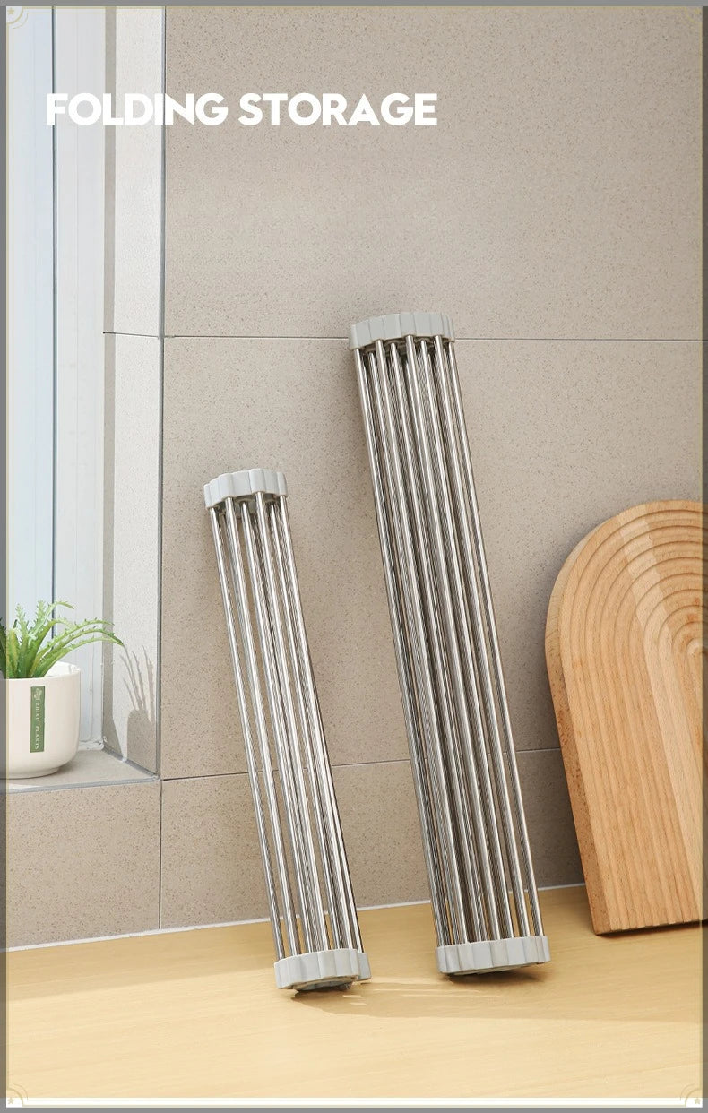 Roll Up Sink Drain Rack Stainless Steel Foldable