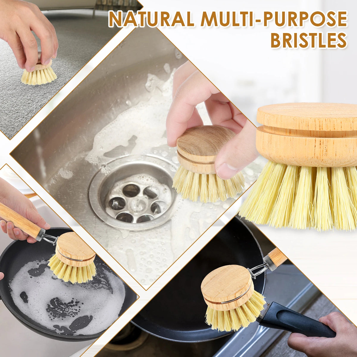 3/4/5/10pcs Bamboo Dish Scrub Brushes Replaceable Dish Brush