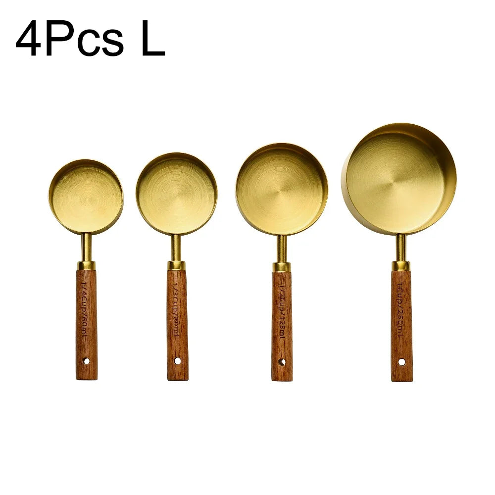 1/4/8pcs Gold Wooden Handle Stainless Steel Measuring Cups