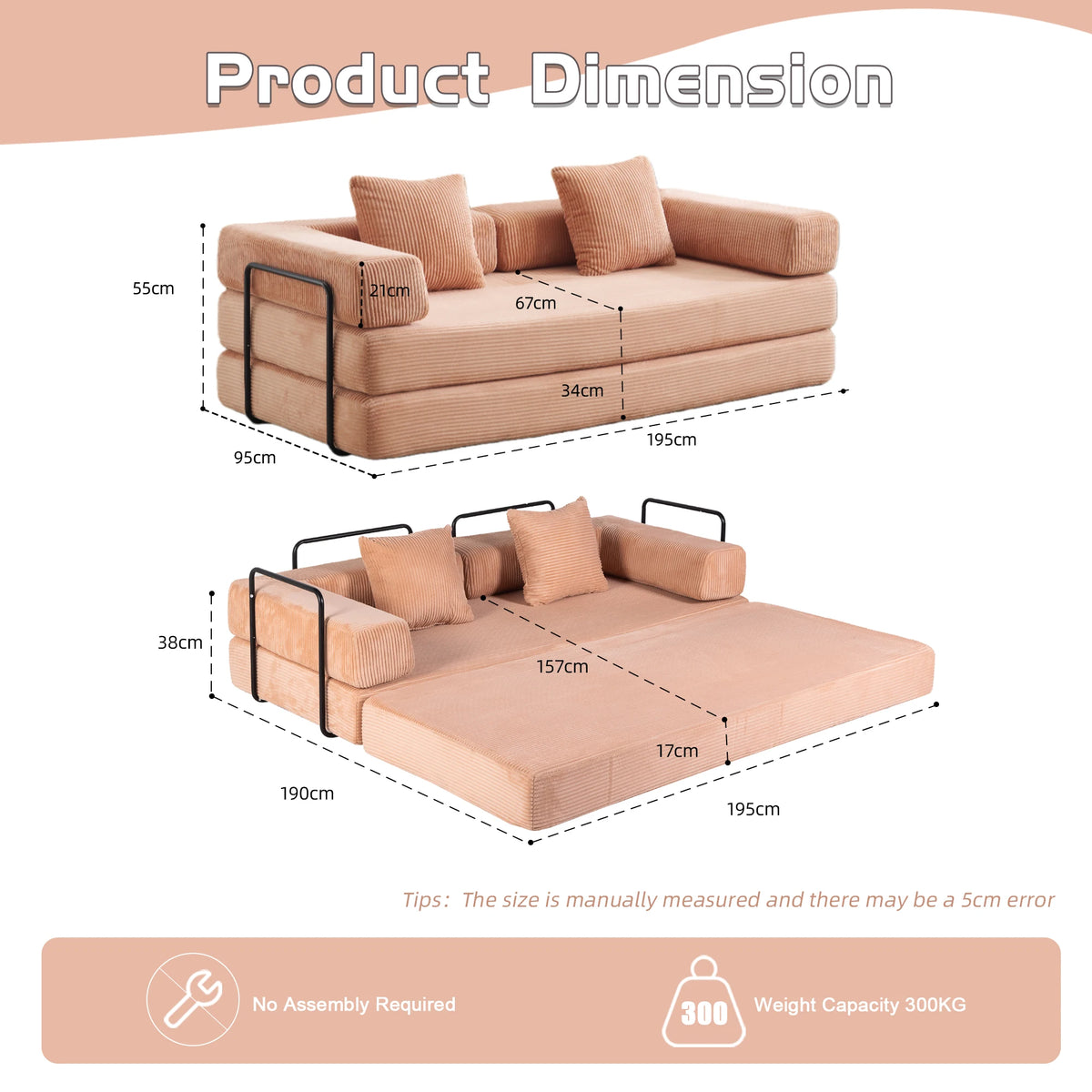Corduroy Convertible Sofa Bed 2-In-1 Floor Sofa &