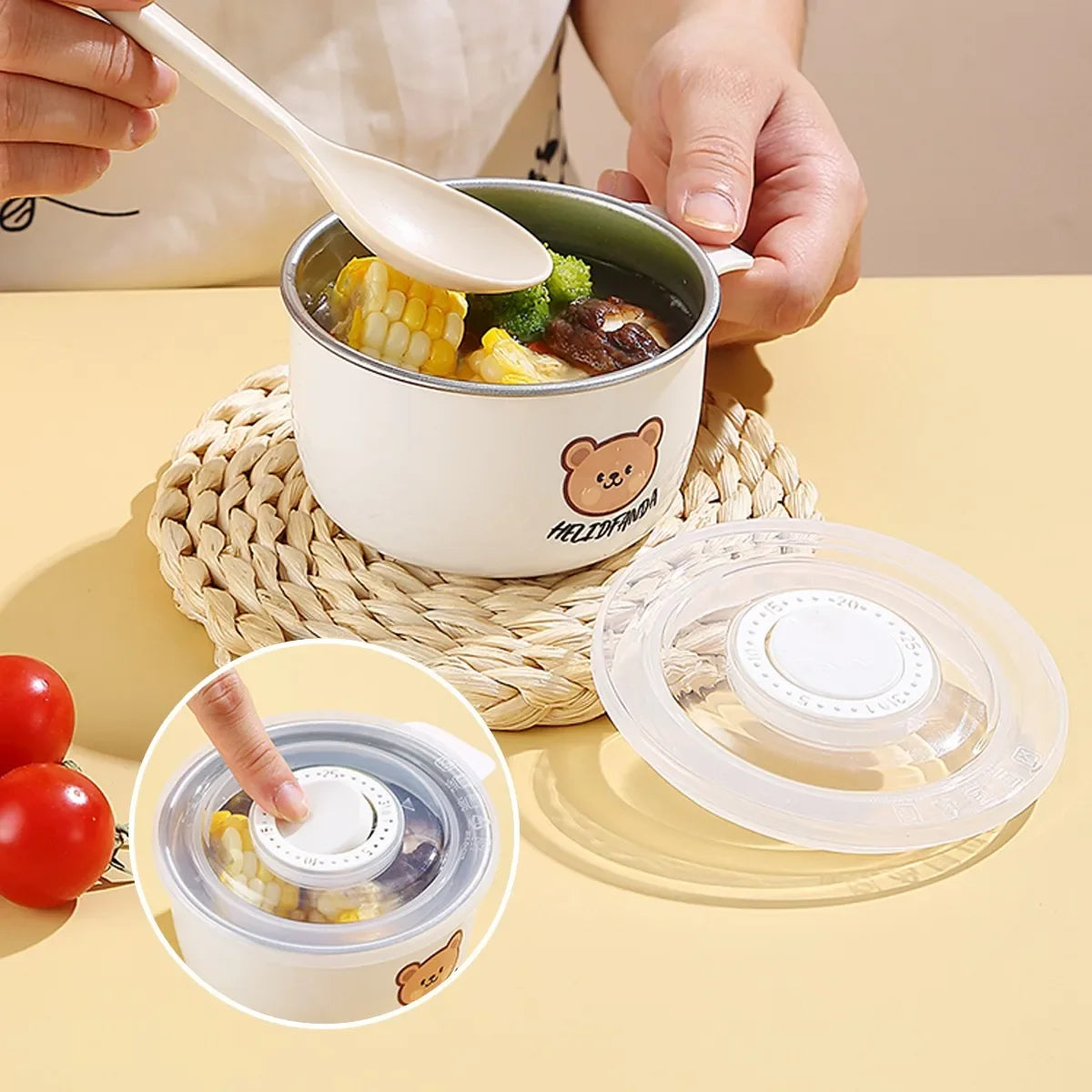 Cute Bear Plastic Divided Food Container Leak-Proof Detachable