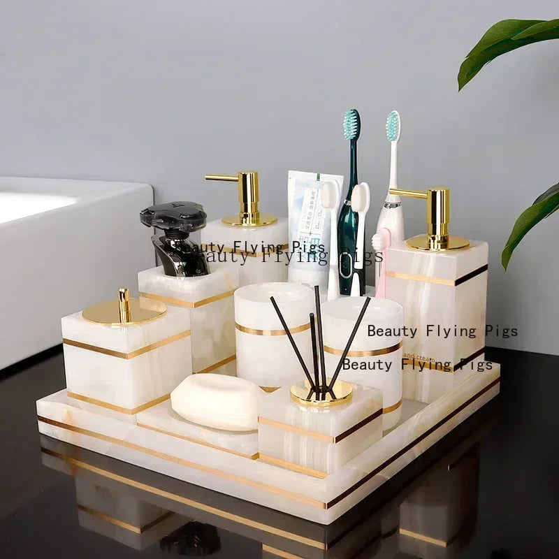 Natural Marble Bathroom Luxury Golden Soap Dispenser Toothbrush