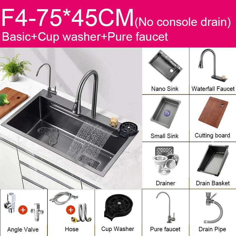 Black Nano Sink Waterfall Faucet Large Bowl Cup
