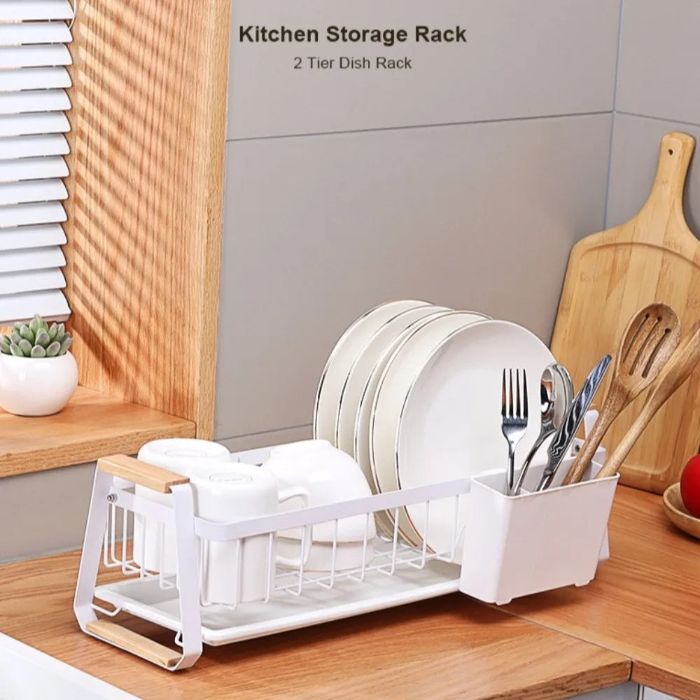 Detachable Dish Rack Wooden Handle Large Capacity Dish