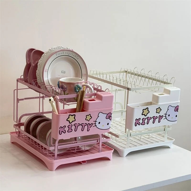Cute Hello Kitty 2-Tier Dish Drying Rack Drain