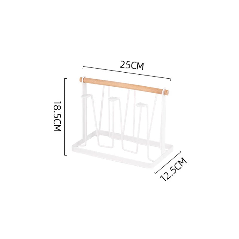 6-Cup Glass Cup Drying Rack Wooden Handle Countertop