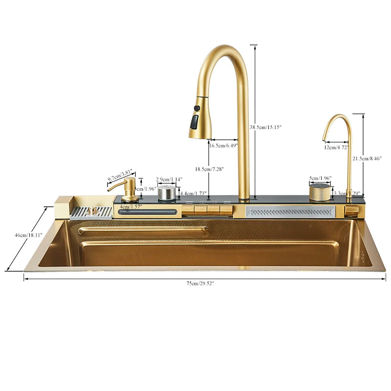 Golden Stainless Steel Sink Double Waterfall Digital Display