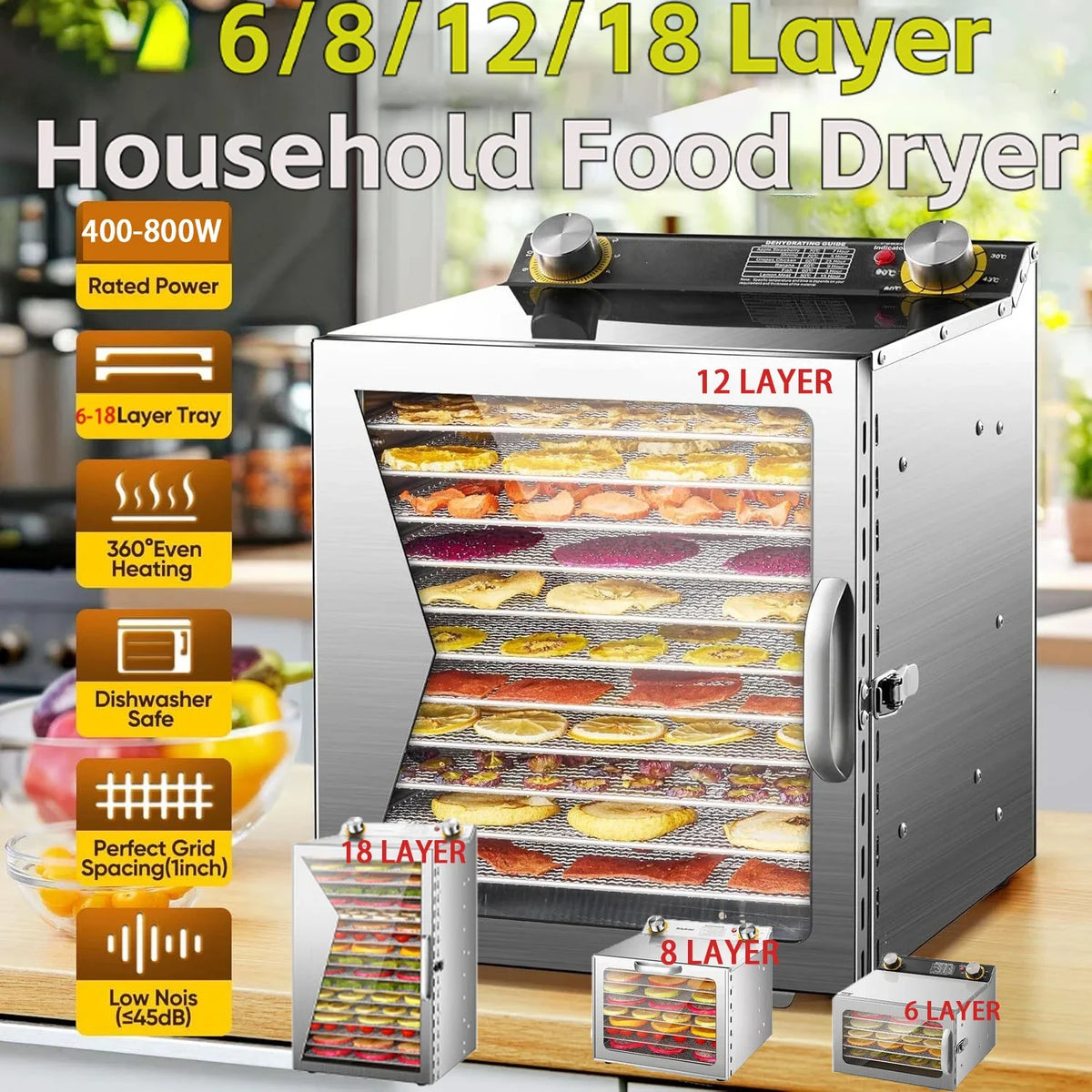 6/8/12/18 Layers Food Dehydrator Fruit Timing Temperature Air