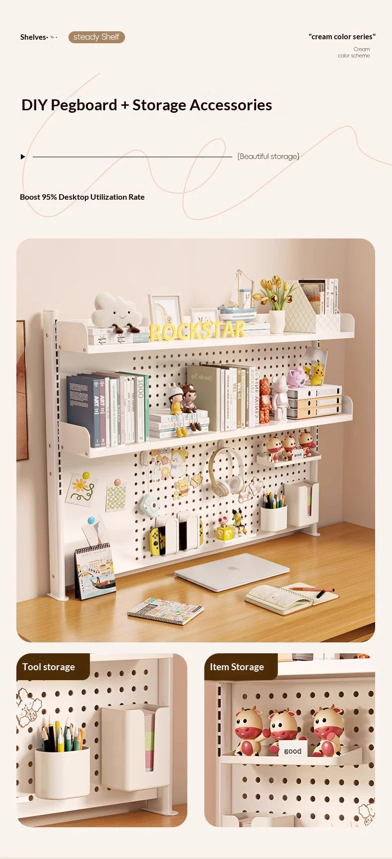 Adjustable Desktop Storage Rack Pegboard Desk Bookshelf Organizer