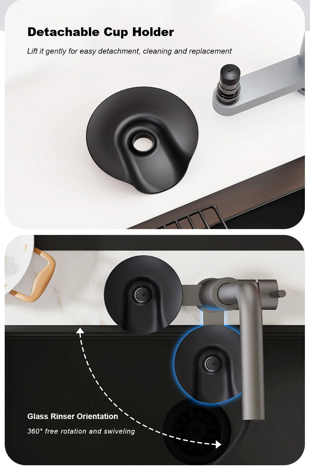 Brushed/Black Sink Faucet Cup Wash Waterfall Pull Out